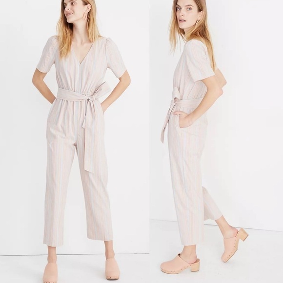 Madewell Linen Stripe Puff-Sleeve Tapered Jumpsuit - Picture 1 of 15